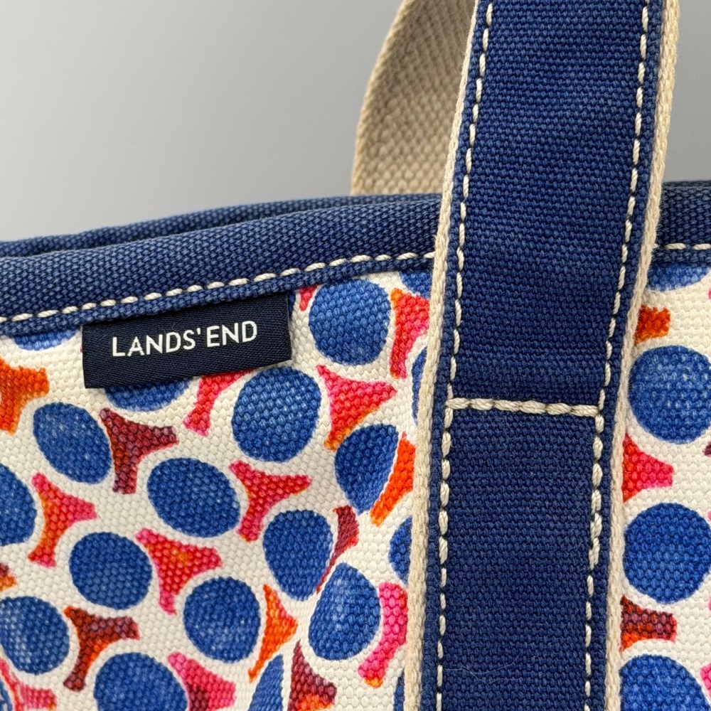 Lands End Canvas Tote Bag Small Zip Top Blue Red Geometric Polka Dot Preppy - Picture 6 of 8